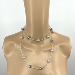 Chaps 36” Silver Tone Faux Pearl & Rhinestone Station Necklace